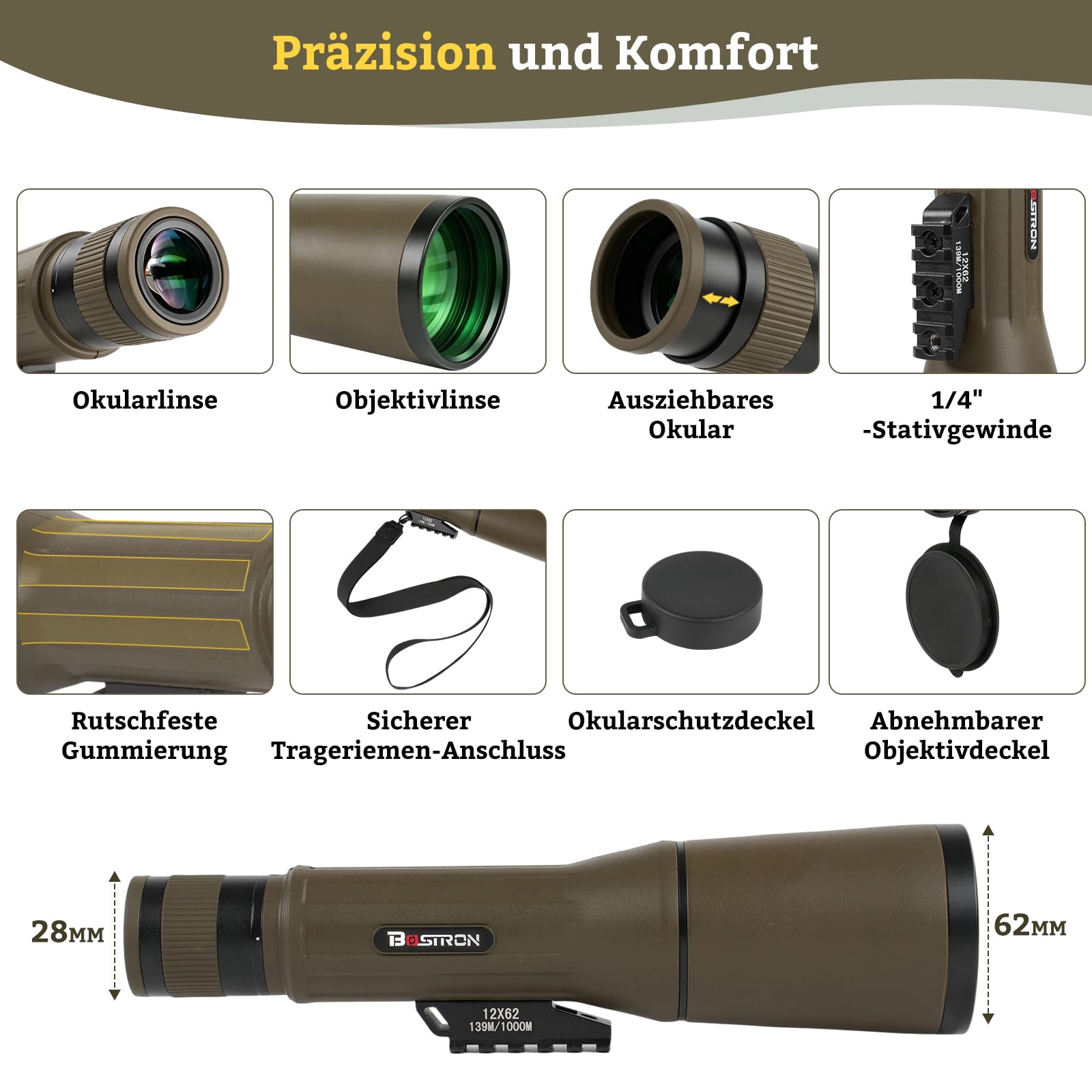 12×62 Spektiv Vogelbeobachtung HD IPX7 Wasserdichtes | Spektiv mit Stativ BAK4 FMC Porro Prism für Sportschützen,Twist-up-Augenmuschel,Monokular Fernrohr für Jagd Wildtiere