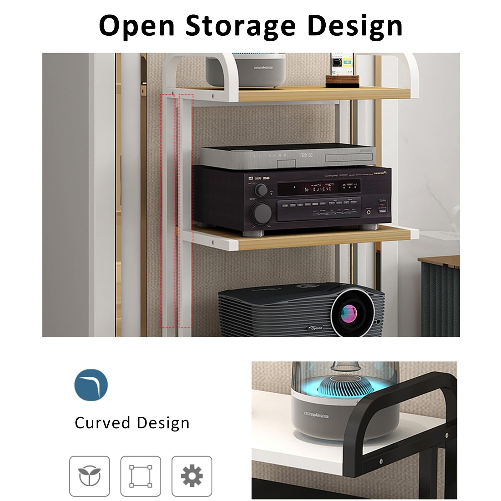 Stojak audio 3/4 – regulowana stojąca na podłodze wieża stereo z ruchomymi półkami, routerem i stojakiem na płyty DVD, stojak na komponenty rozrywkowe (biały orzech, 5 półek)