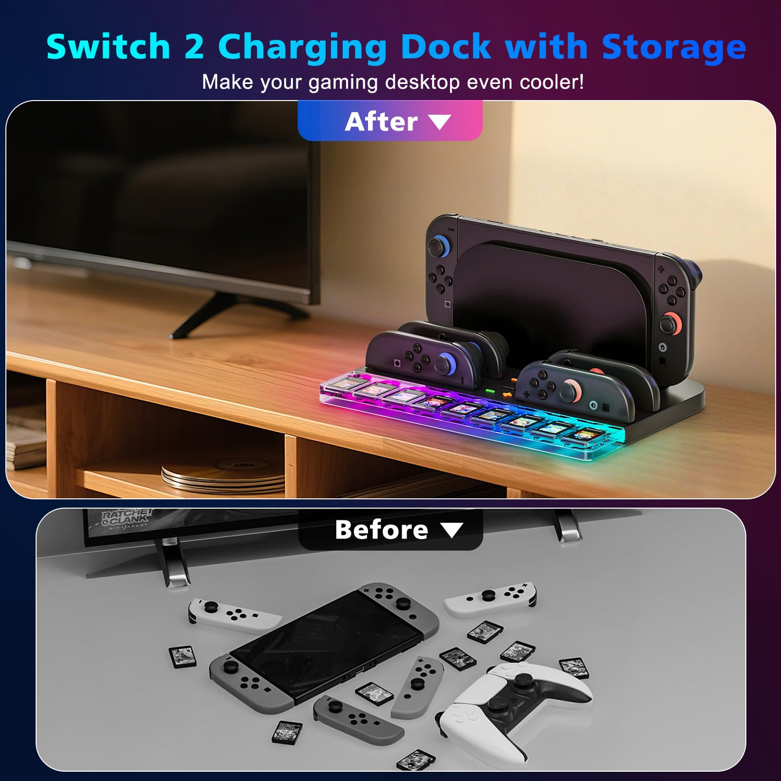 Stazione di Ricarica Joy Con Switch 2 (2025), Stazione di Ricarica per Controller Switch 2 con 7 Luci RGB, Ricarica 4 Impugnature Switch 2, Contiene 9 Schede di Gioco Switch e Accessori per Console Sw