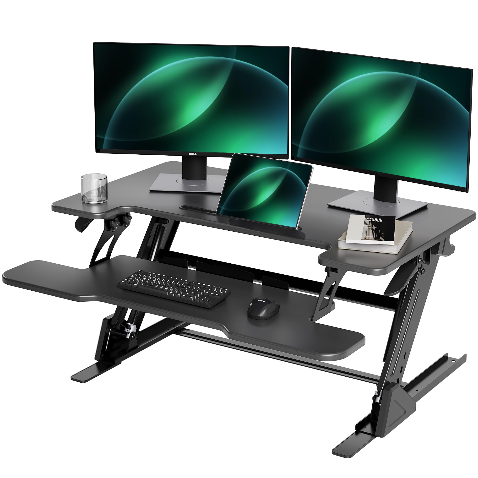 Claiks Standing Desk Converter 36 inch, Height Adjustable Sit Stand Up Desk Riser, Quick Sit to Stand Tabletop Dual Monitor Riser Workstation for Home