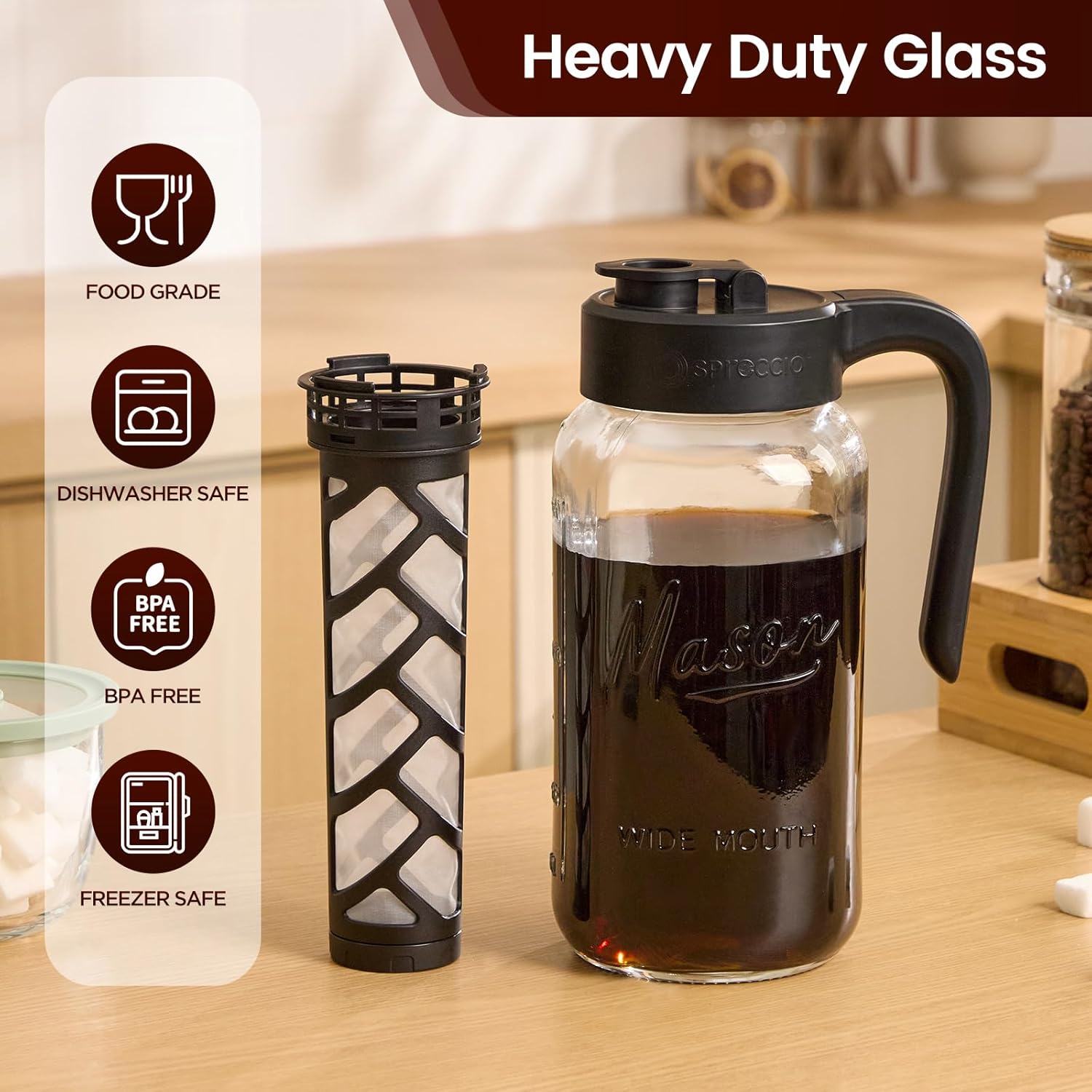 Cold Brew Coffee Maker Glass, Airtight & Leakproof Mason Jar Pitcher with Cold Brew Filter, 64 oz Glass Pitcher with Lid for Iced Coffee, Lemonade, Ice Tea - Image 5
