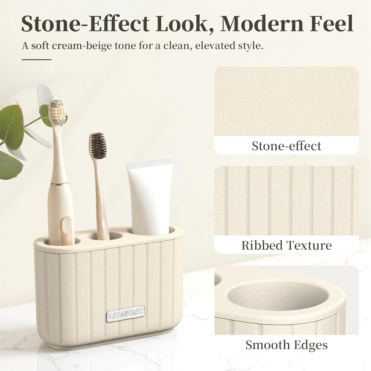 Toothbrush Holder 3 Slot Cream Stone Look Bathroom Counter Organizer