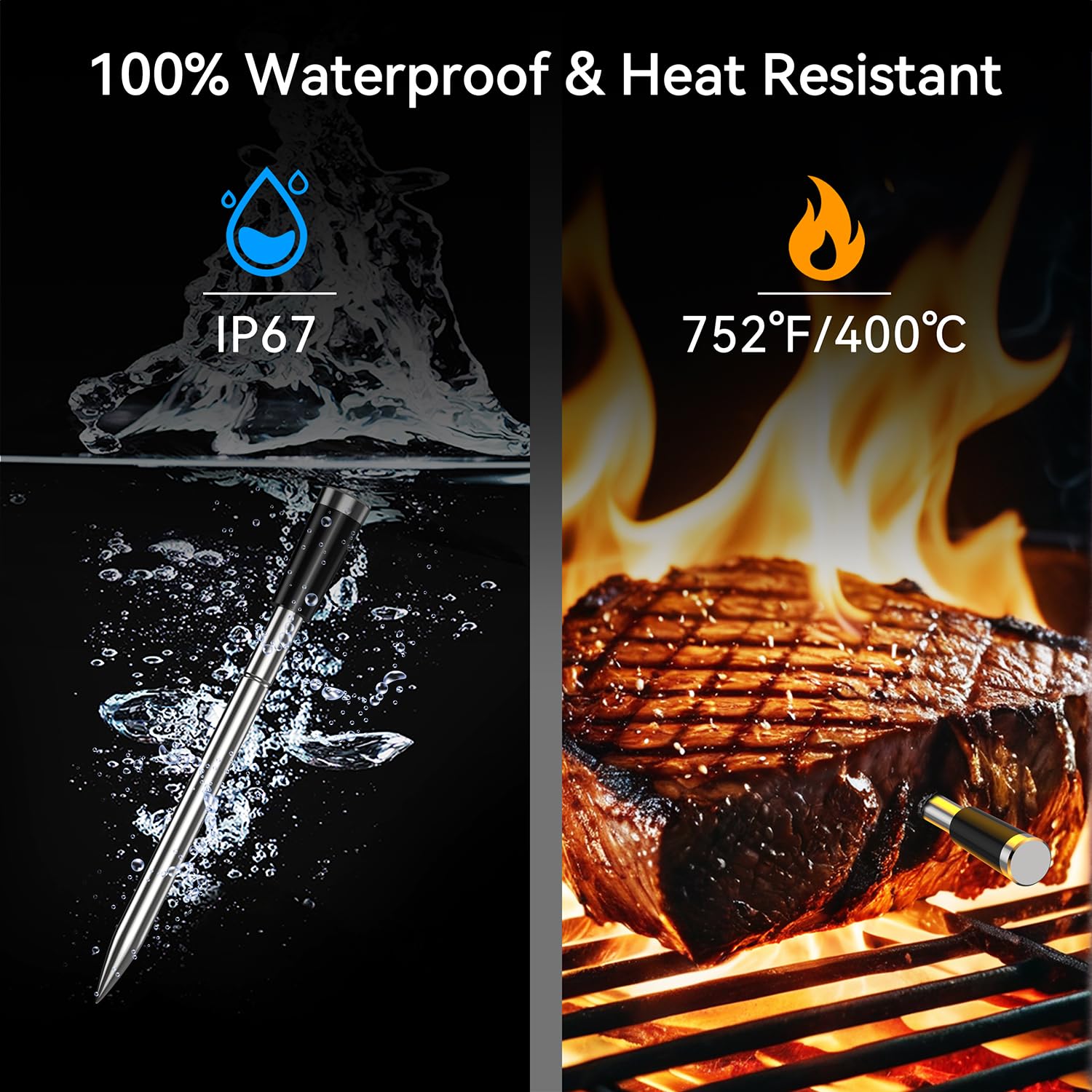 BFOUR BF-30 PRO Thermomètre à viande sans fil, écran LCD, Bluetooth, portée de connexion par application, 100 % étanche, intérieur et extérieur, pour barbecue, four, fumage, rôti, rôti