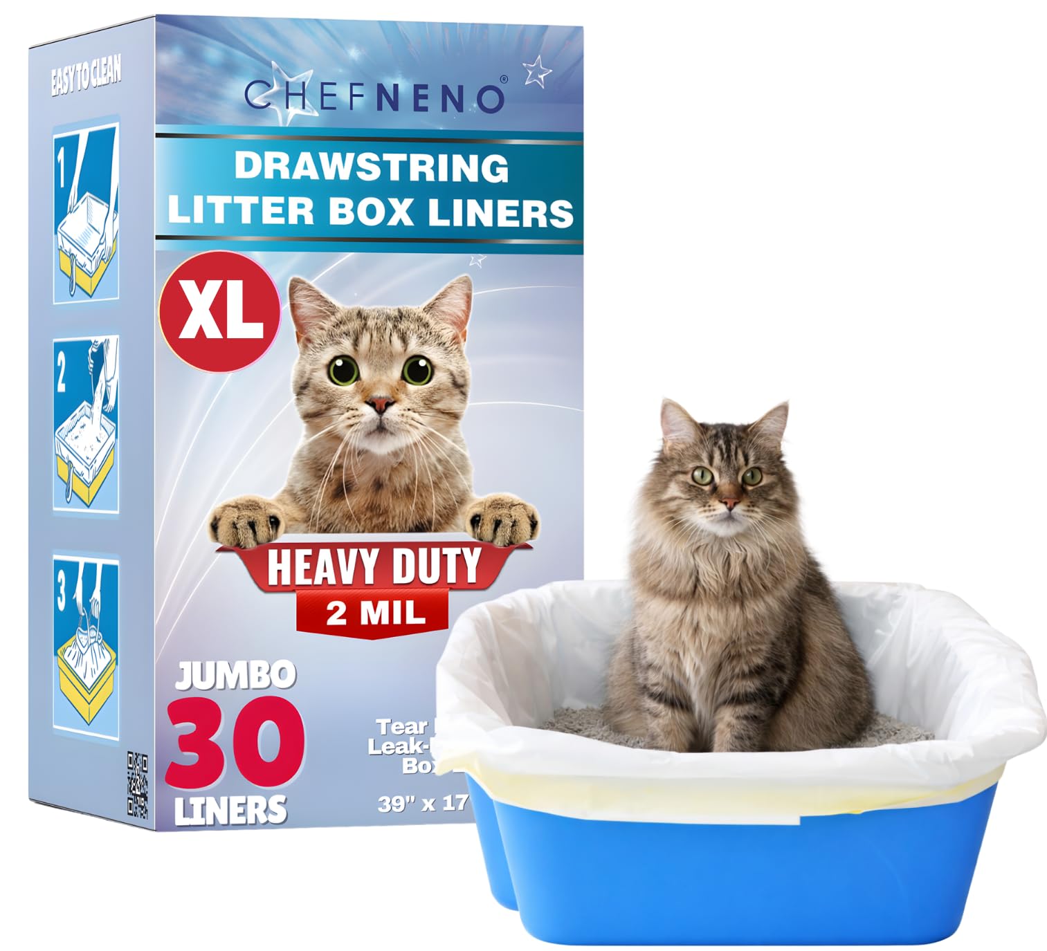 Cat Litter Box Liners Drawstring XL (30 Bags) 39" x 17" Super Jumbo Scratch Resistant Extra Heavy 2 Mil Disposable Litter Box Liner Cat Litter Tray
