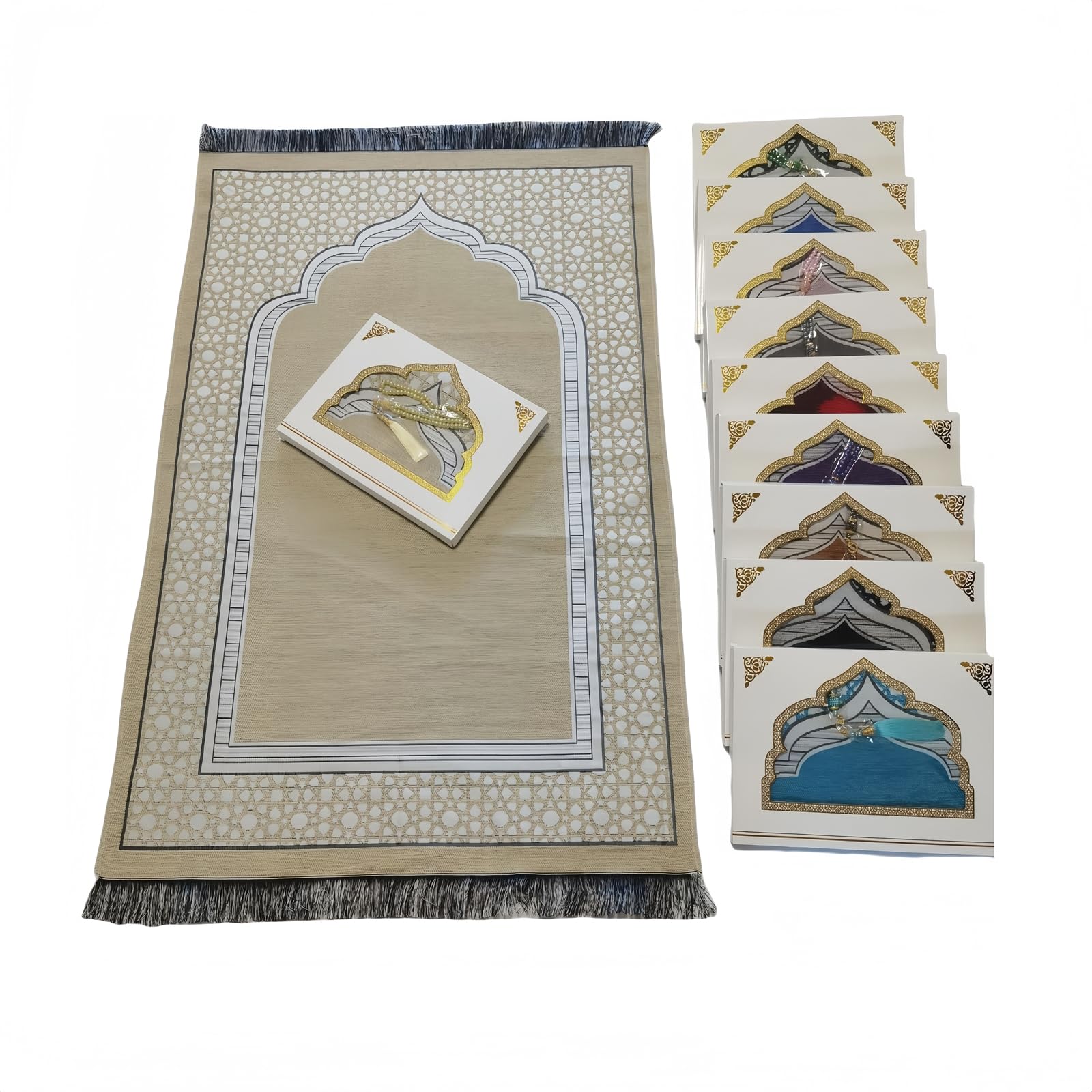 Ramadan & Eid Gift Set - Islamic Prayer Rug with Tasbih Beads, Premium Prayer Mat in Gift Bag or Box, Ideal for Muslim Men & Women (Khaki - Boxed)