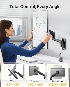 monTEK Single Monitor Wall Mount, 1749 Gas Spring Arm, Up to 44 lbs,Black