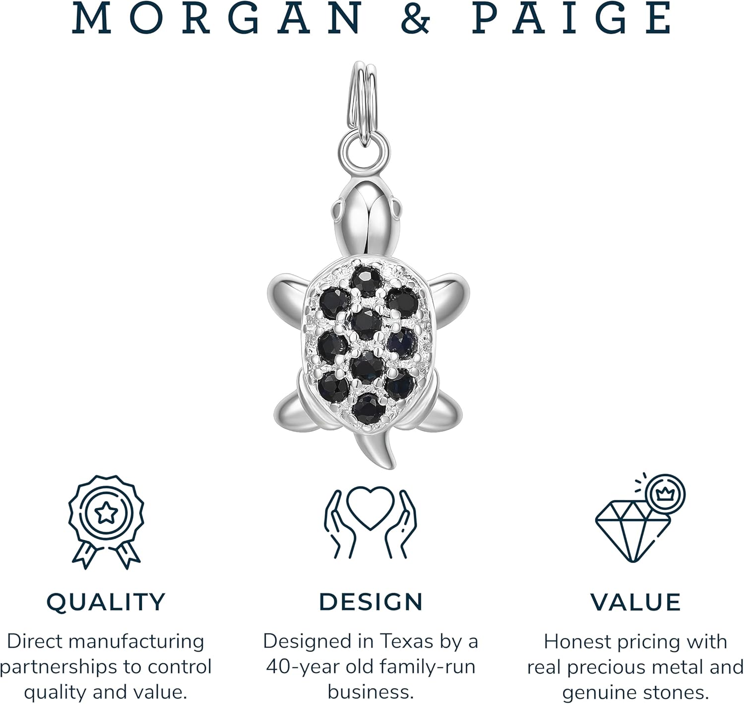 MORGAN & PAIGE .925 Sterling Silver Rhodium Plated Sewing Machine, Black Enamel Cow, and Turtle with Genuine Blue Sapphire Charm Pendants for Women - Hypoallergenic Jewelry for Her