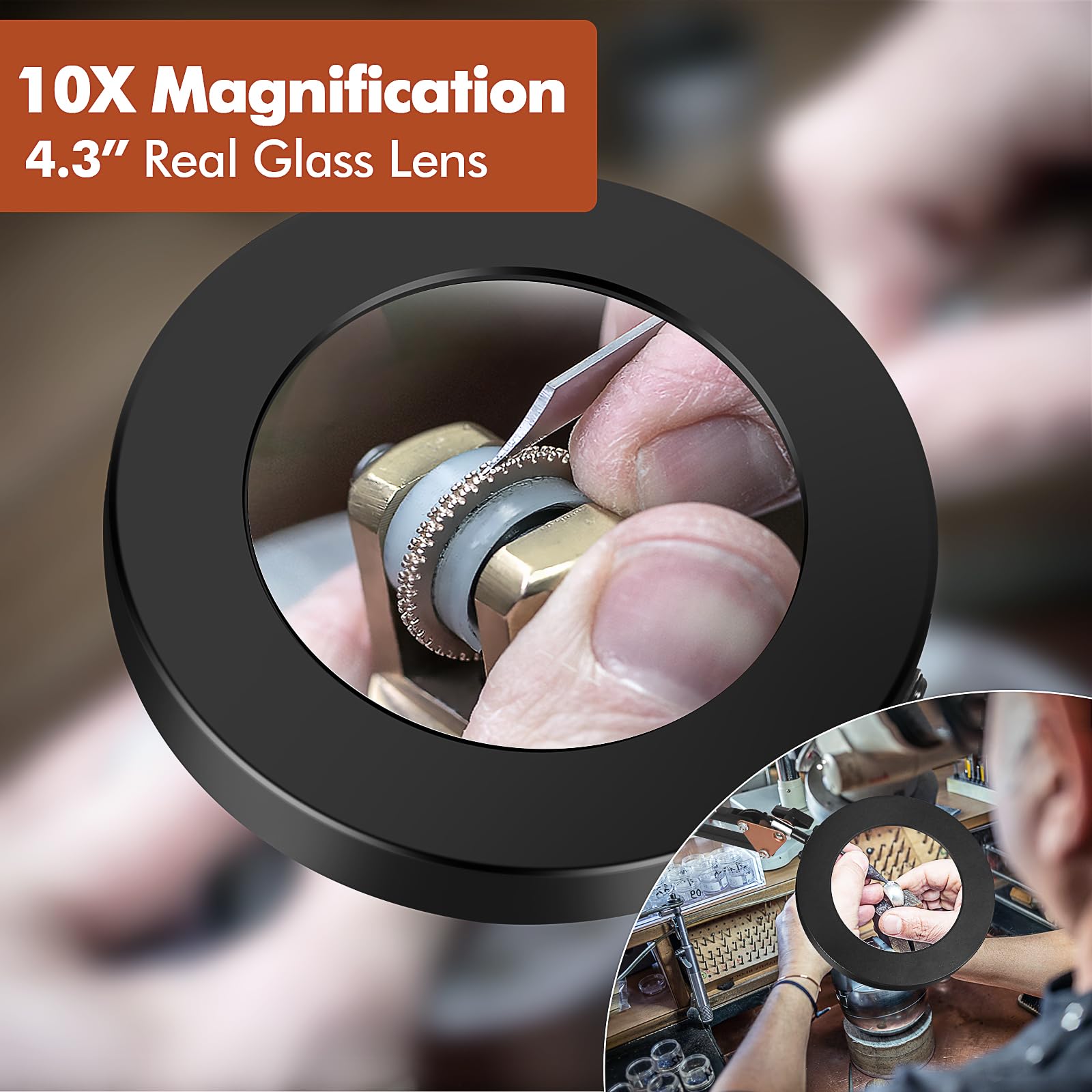 10X Magnifying Glass with Light and Clamp, 4.3'' Real Glass Lens LED Lighted Magnifier, 5 Color Modes Stepless Dimmable Adjustable Swing Arm Desk Lamp Hands Free for Crafts Reading Sewing Close Work - Image 2