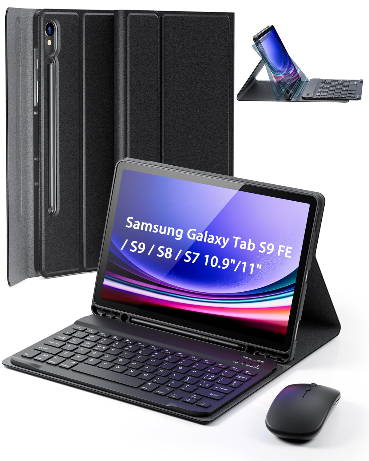 Cover Per Samsung Galaxy Tab S10 Lite/S10 FE (2025)/S9 FE (2023)/Tab S9 (2023)/Tab S8 (2022)/Tab S7 (2020) 10.9-11 Pollici Con wireless Bluetooth tastiera italiana (QWERTY) e Mouse Keyboard Case Nero