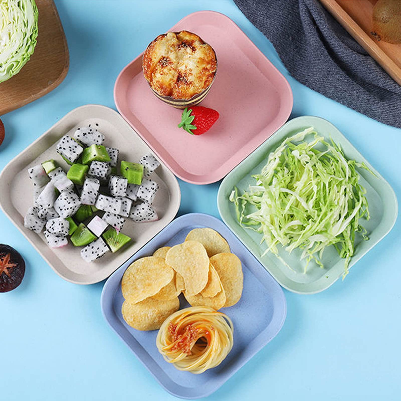4 Assiettes à Collation Carrées Tissting 15cm - Qualité Alimentaire - Motifs Fruits - Réutilisables