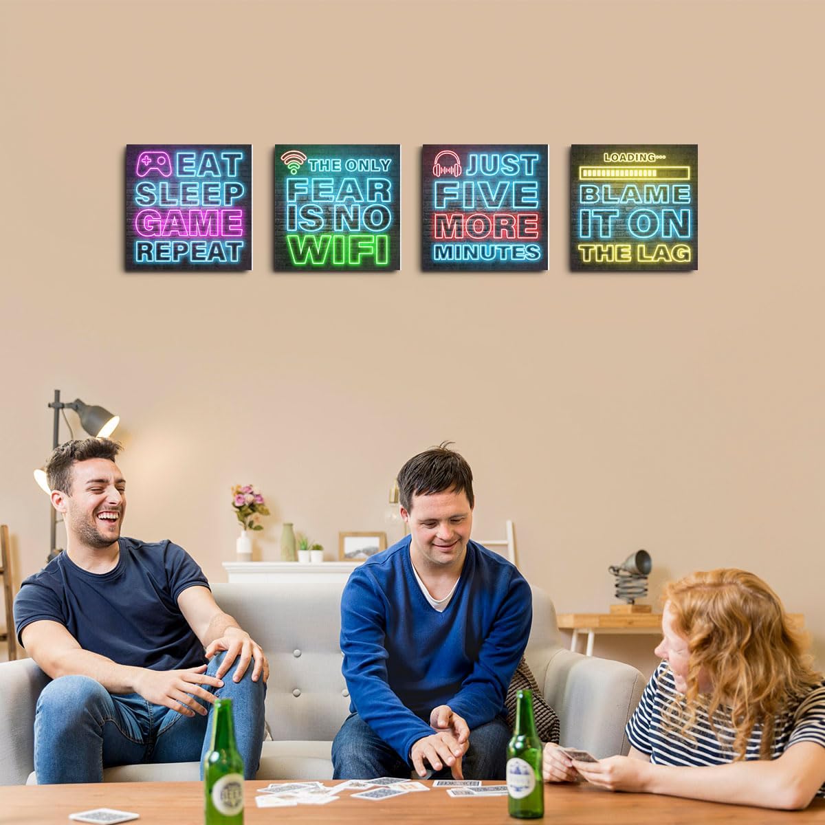 4 PCs Neon Video Gaming Posters Canvas Wall Art Framed Art Teen Boy Room Decor Game Room Decor Painting Modern Wall Decor Canvas Prints for Gamer Room Boys Room Bedroom Bar Home Decor