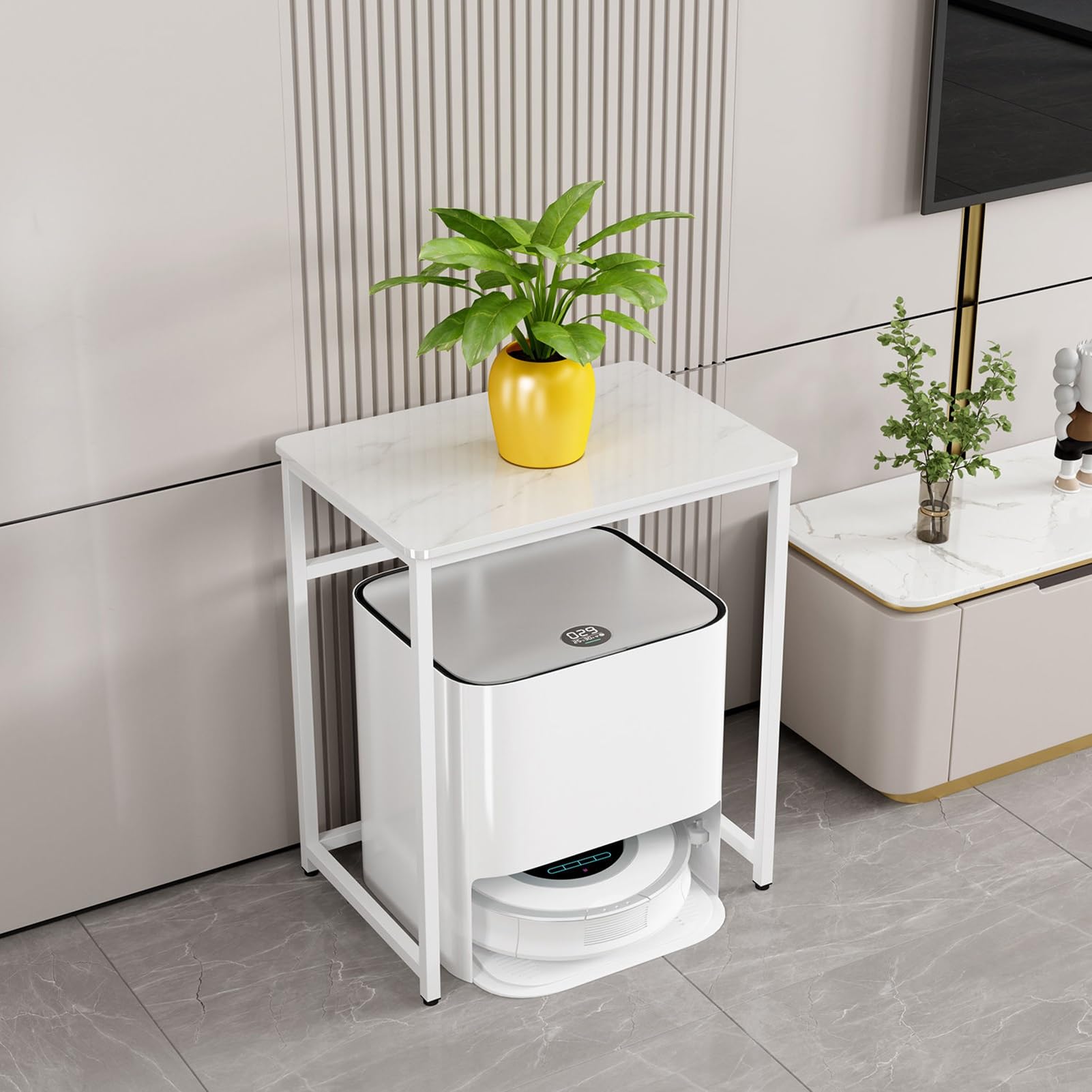 MESCXTY Metal Robot Vacuum Storage Rack, Smart Floor Sweeper Hidden End Table for Living Room & Home Organization, Easy to Change Water(White,60cm/23.6in)