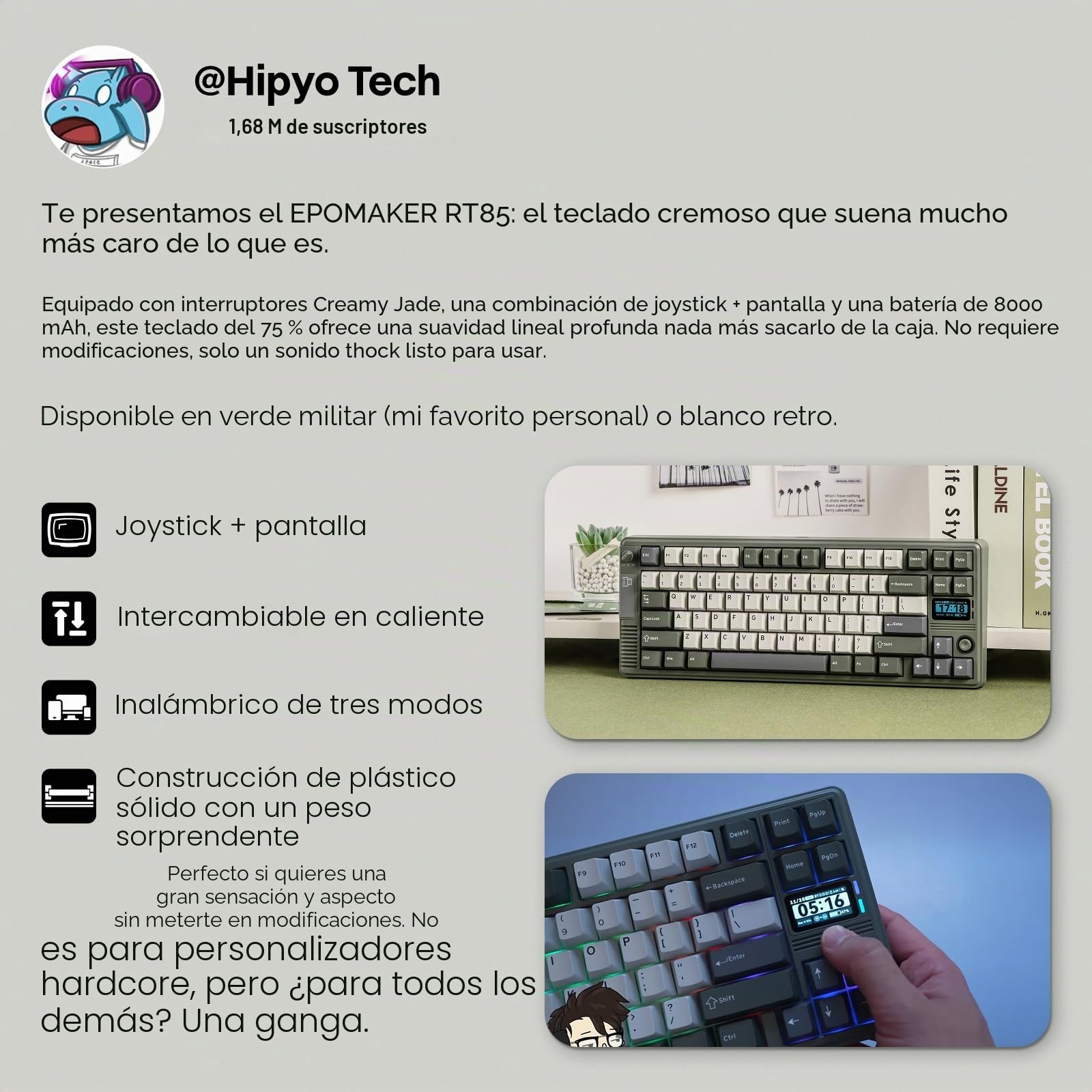 EPOMAKER RT85 Teclado Gaming Mecánico Inalámbrico con Joystick,Blanco Retro | Pantalla Personalizable, 8000mAh, BT/USB/2.4Ghz, Gasket, Acolchado de 5 Capas, Hot-Swap, Teclas PBT, Wisteria Linear Switch