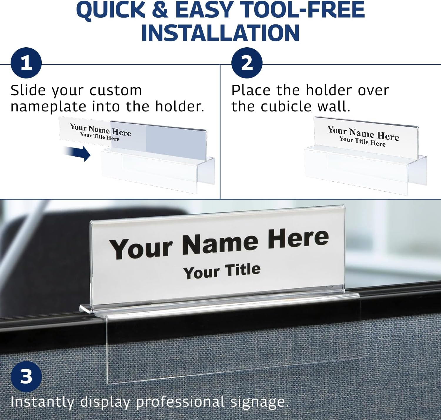 – 8.5 x 2.5 Acrylic Name Plate Holder 2 1/4" Deep – Double-Sided Top-Mount Cubicle Wall Display – Clear Acrylic Desk Name Plate Holder for Office Use (10 Pack)