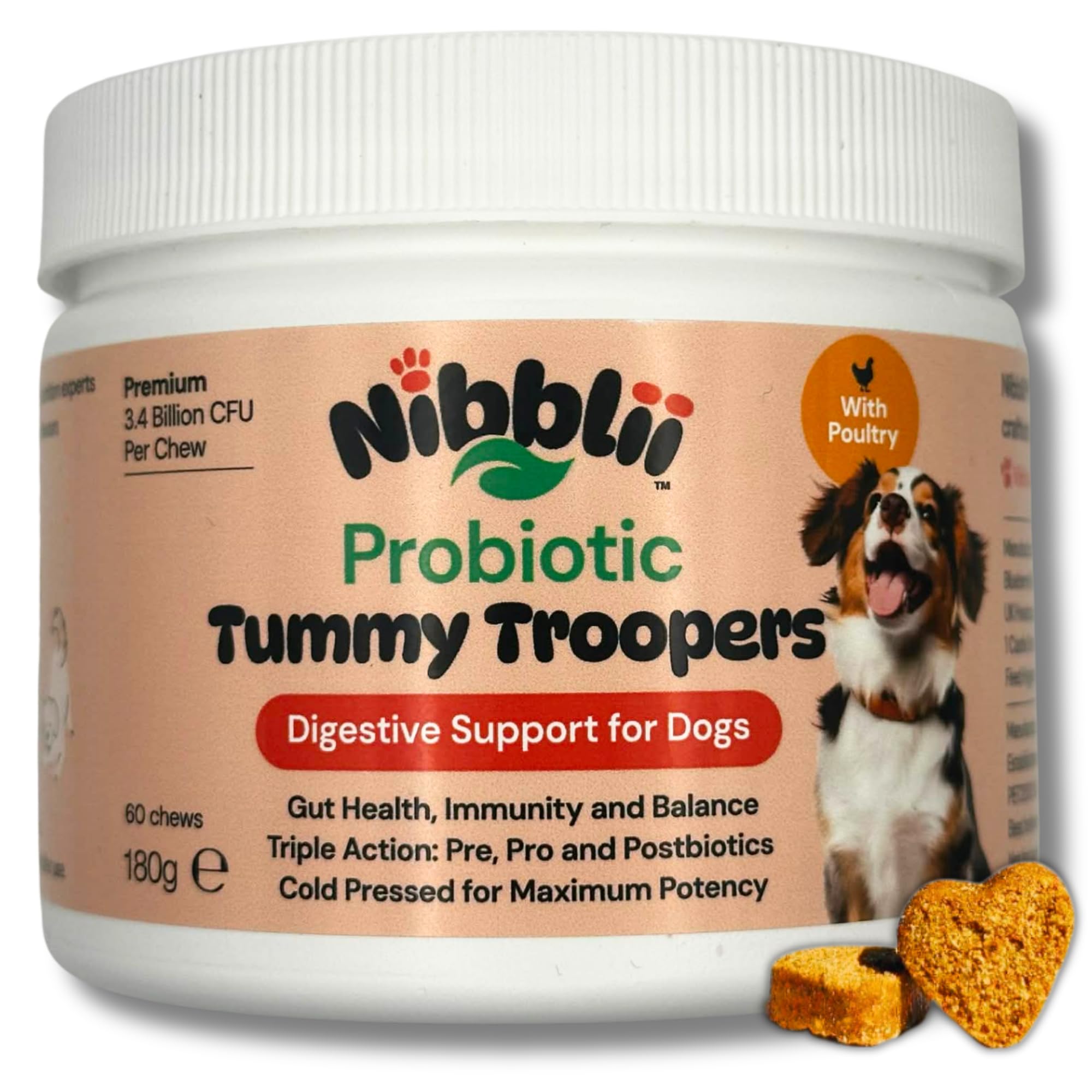 Sensitive Stomach Dog Probiotics - Firmer Stools and Happy Tummies | With Cranberry & Chicory | 3.4 Billion CFU Soft Chews | Pre, Pro & Postbiotics | Nibblii Tummy Troopers