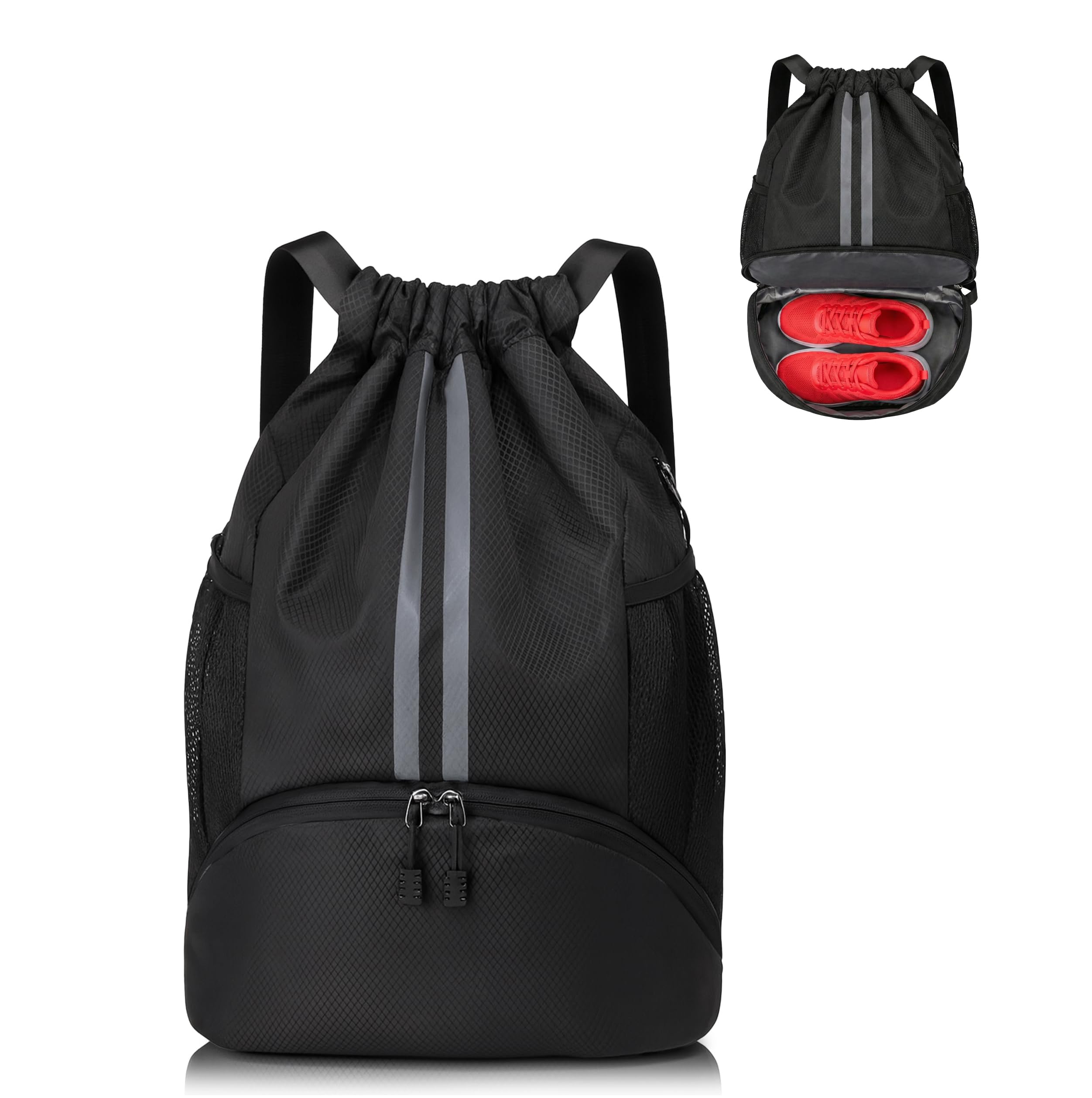 Half Moon Sports Drawstring Backpack for Men & Women – Waterproof Gym Bag with Separate Shoe Compartment & Mesh Pockets – Lightweight Basketball, Swimming & Travel Kit Bag