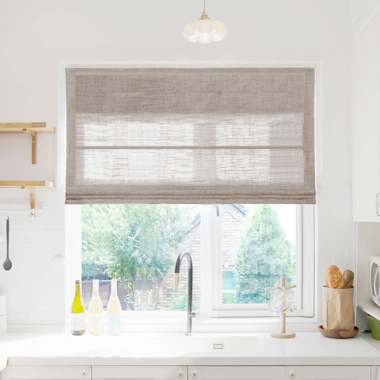 TWOPAGES Liz Blinds for Indoor Windows, Cordless Roman Shades for Home, Sliding Glass Doors, Faux Linen Custom Made Window Blinds, Burlywood Birch