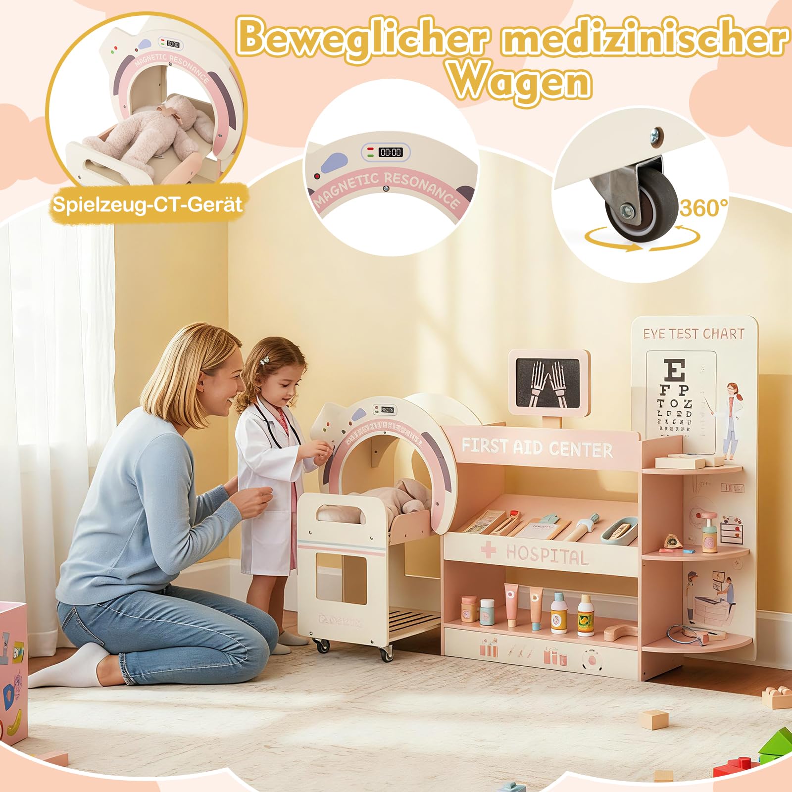 DREAMADE Arztspielset für Kinder, Krankenhaus aus Holz mit Sehtest, CT-Spielgerät & Röntgenapparat, Arzt Rollenspielzeug mit 20 Zubehörteilen für Kinder ab 3 Jahren (Rosa)