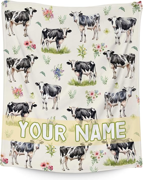 Custom Cow Blanket for Boys, Cozy Soft Throw Gifts, Cute Yellow Flannel Throw Blankets for Couch Office, 50x60 Inches