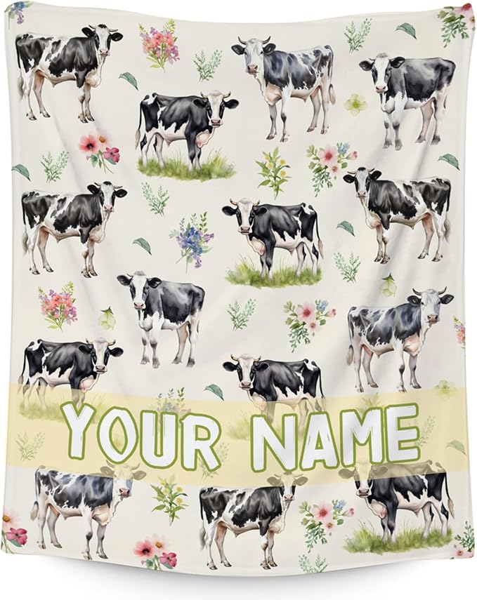 Custom Cow Blanket for Boys, Cozy Soft Throw Gifts, Cute Yellow Flannel Throw Blankets for Couch Office, 50x60 Inches