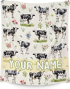 Custom Cow Blanket for Boys, Cozy Soft Throw Gifts, Cute Yellow Flannel Throw Blankets for Couch Office, 50x60 Inches