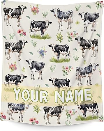 Custom Cow Blanket for Boys, Cozy Soft Throw Gifts, Cute Yellow Flannel Throw Blankets for Couch Office, 50x60 Inches