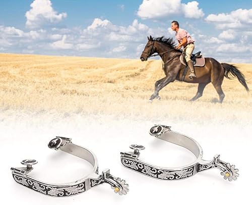 Miniatura 5 de West Cowboy Spurs, Espuelas para botas de vaquero de acero inoxidable, botas de caballo, espuelas de 3.35 x 3.15 pulgadas, parachoques con equipo
