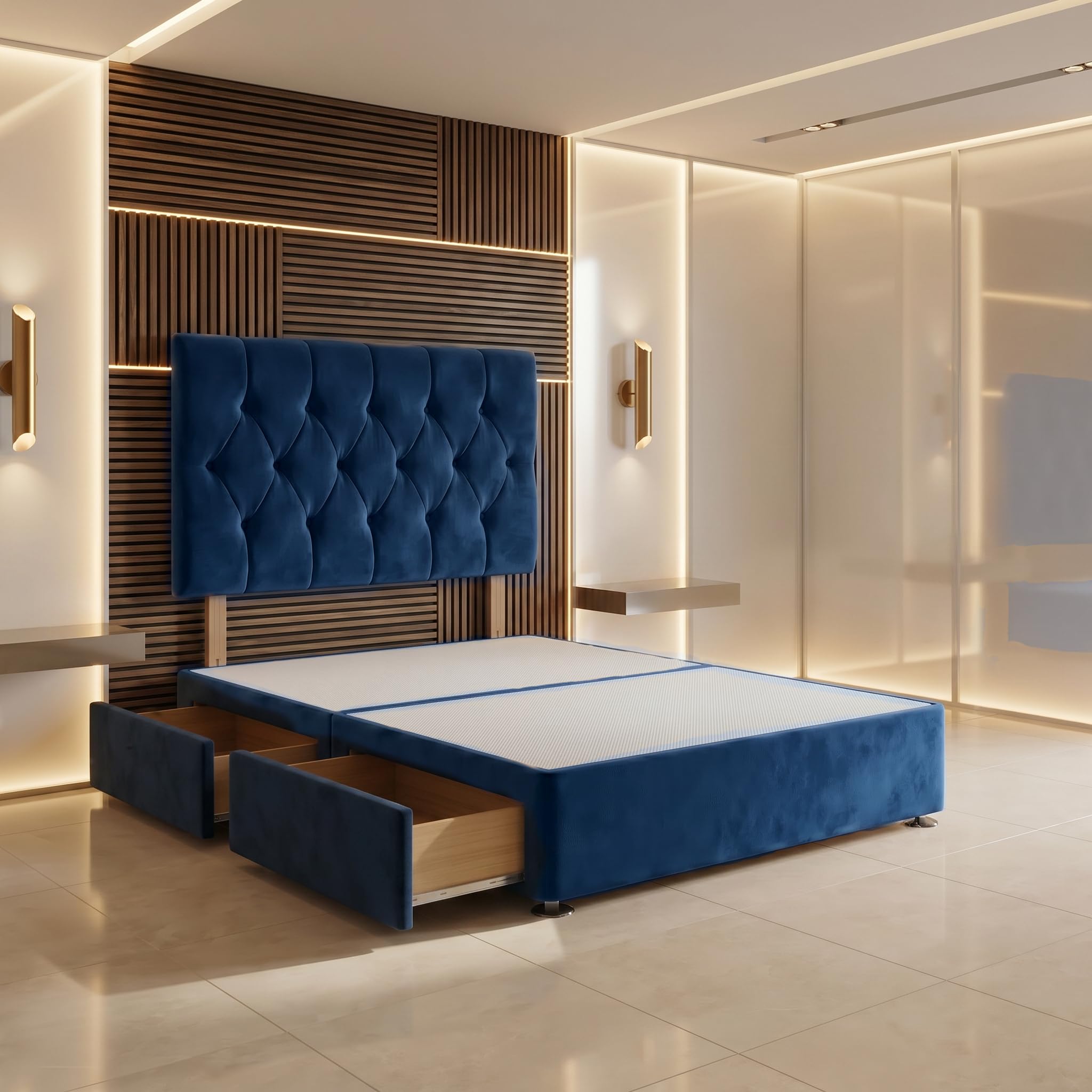 Bed Centre Ziggy Plush Double Divan Base 30" Headboard, Navy, 0 Draw