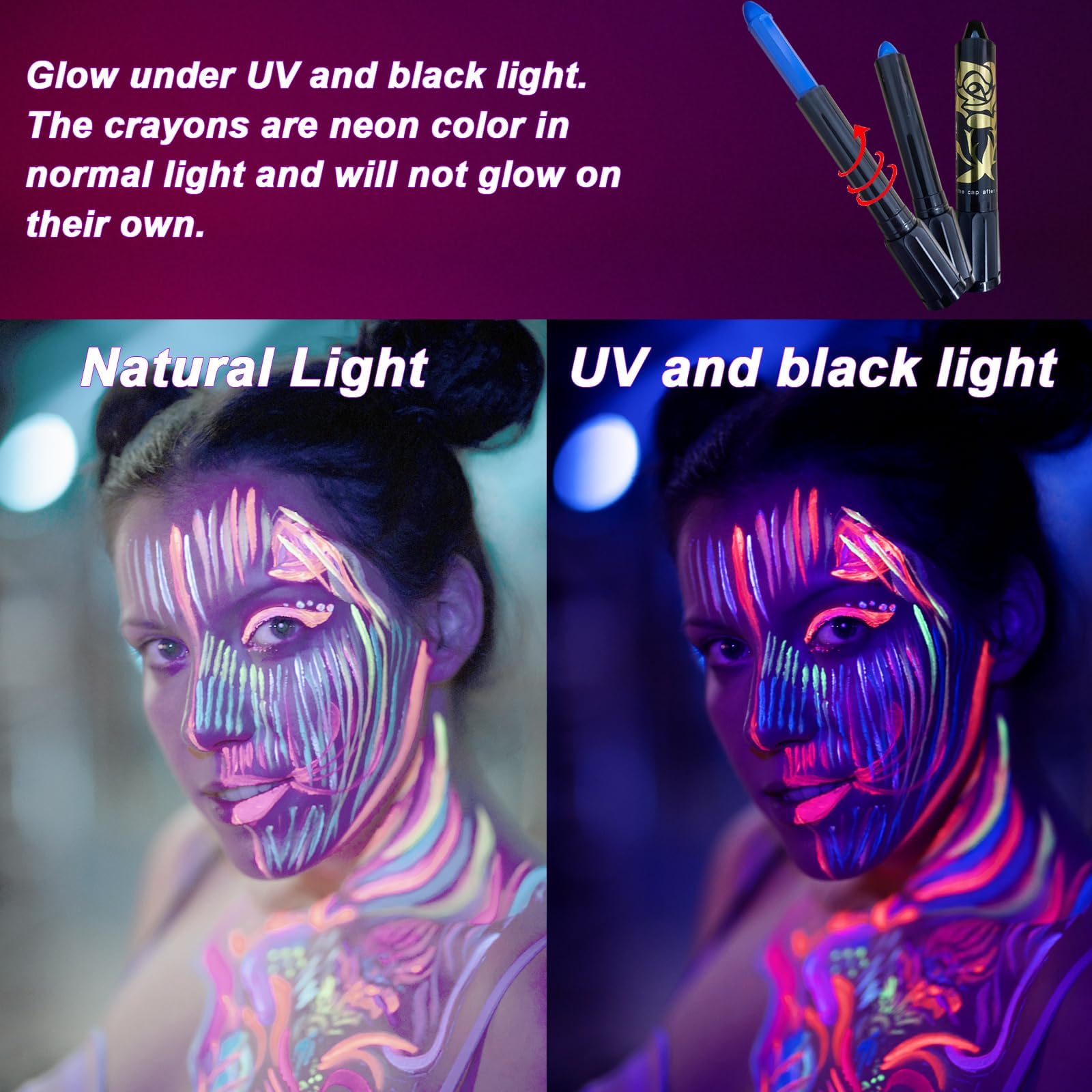 Zestaw 12 kolorów neonowych farb do makijażu dla dzieci, nadające się do prania, farby do ciała, kredki na Halloween, karnawał, UV bodypainting, makijaż