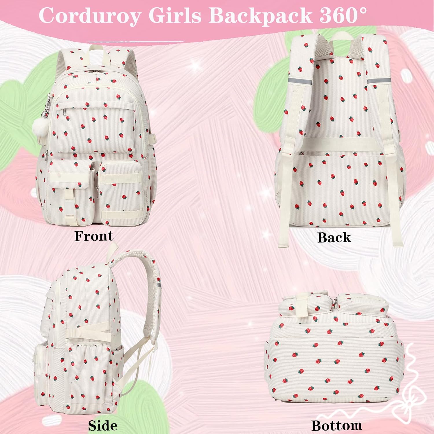 School Backpack for Teens Girls Women Corduroy Strawberries Laptop College Backpacks Work Bag Kids Elementary Middle High School Bag Travel Daypack Campus Bookbag