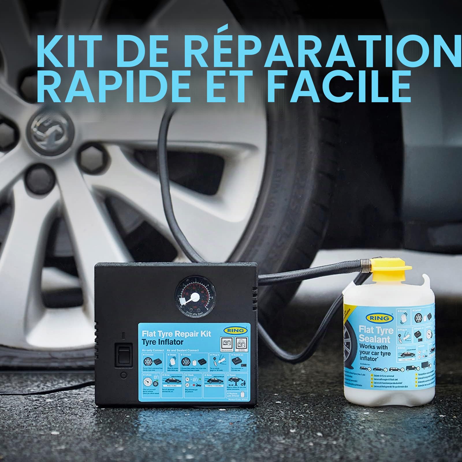 Ring Kit de réparation de crevaison pour Voiture – Mastic et gonfleur de Pneu Inclus