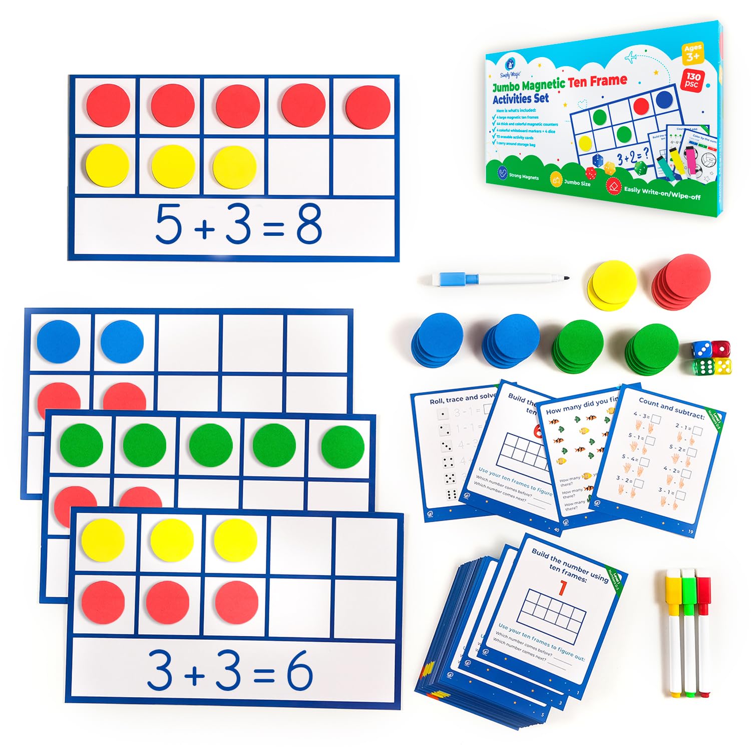 130 PCS Jumbo Magnetic Ten Frame Set, Ten Frames Class Set, Math Manipulatives for Kindergarten, PreK, Preschool, Math Counters, Games for Kids, Magnetic Counters, Teacher and Homeschool Supplies