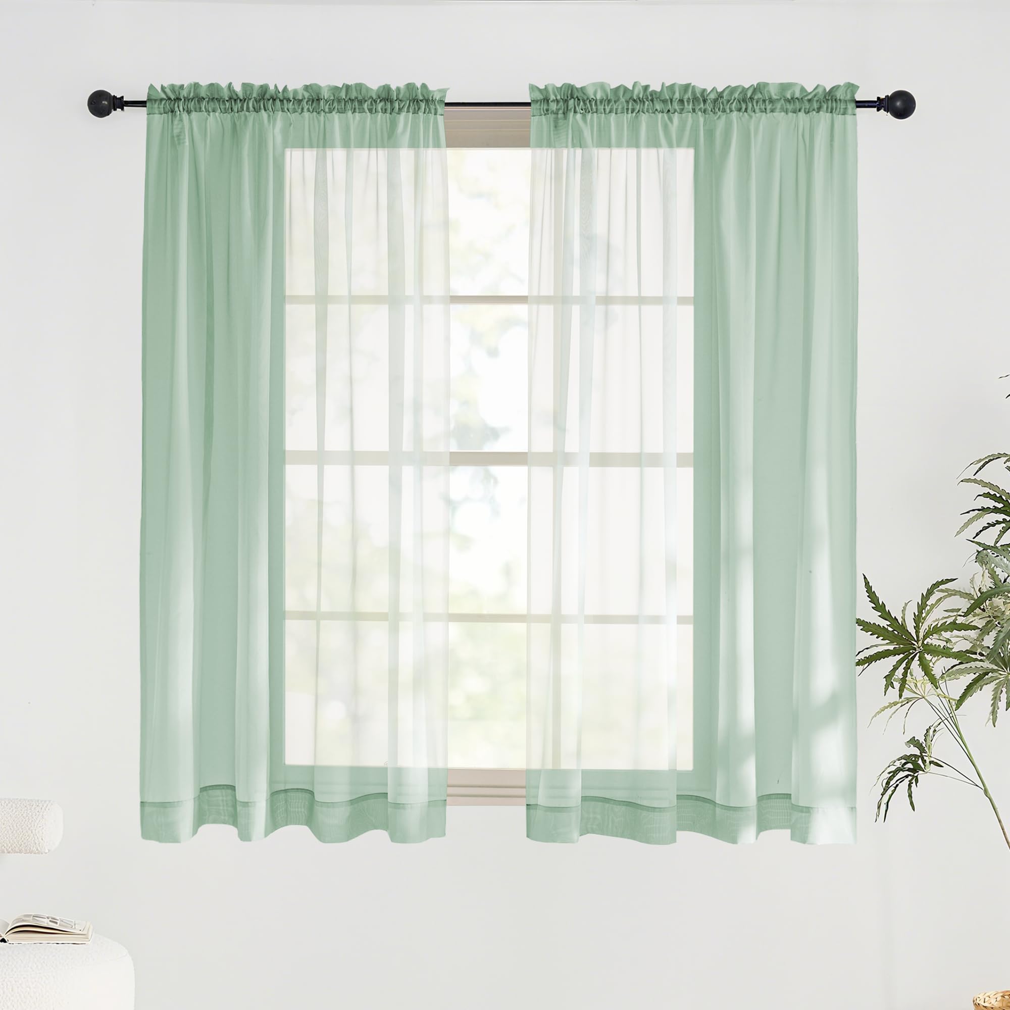 PONY DANCE Sage Green Net Curtains for Windows 60x45 Inches - Slot Top Super Soft Voile Curtains Light Filtering Semi Transparent Sheer Panels for Living Room/Kitchen Privacy Protection, 2 Panels