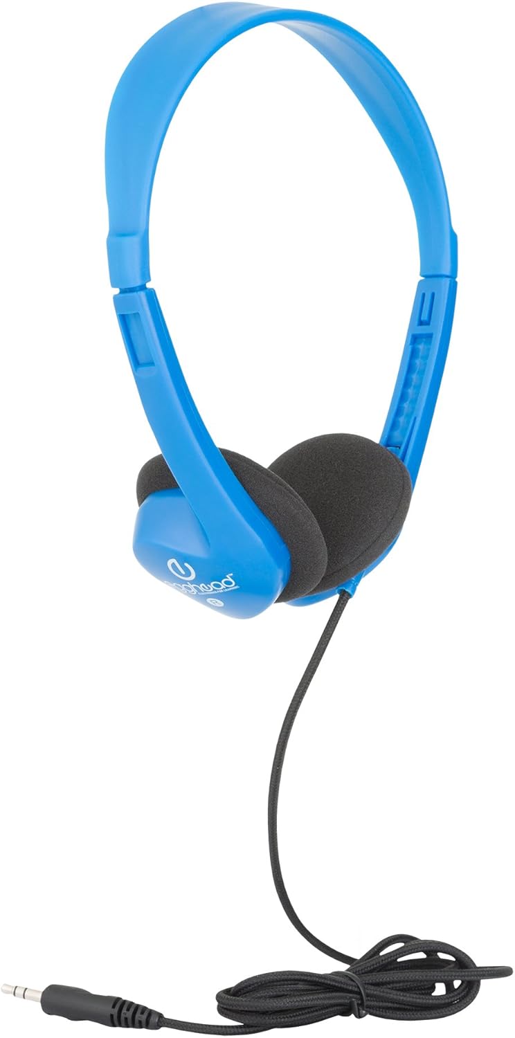 Egghead Heavy-Duty Kids' Stereo Headphones with Ear Cushions and 4'3" Cord, Adjustable Tangle-Free Over-Ear Stereo School Headphones, Pack of 20, Blue