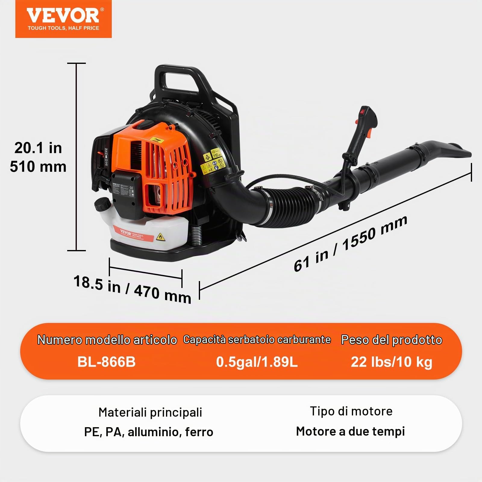 VEVOR Soffiatore per Foglie a Gas, Spazzaneve a Zaino a 2 Tempi 63CC, Serbatoio Carburante da 1,89 L, Volume d'Aria 1110 CFM per Cura del Prato, Pulizia delle Foglie, Rimozione Neve
