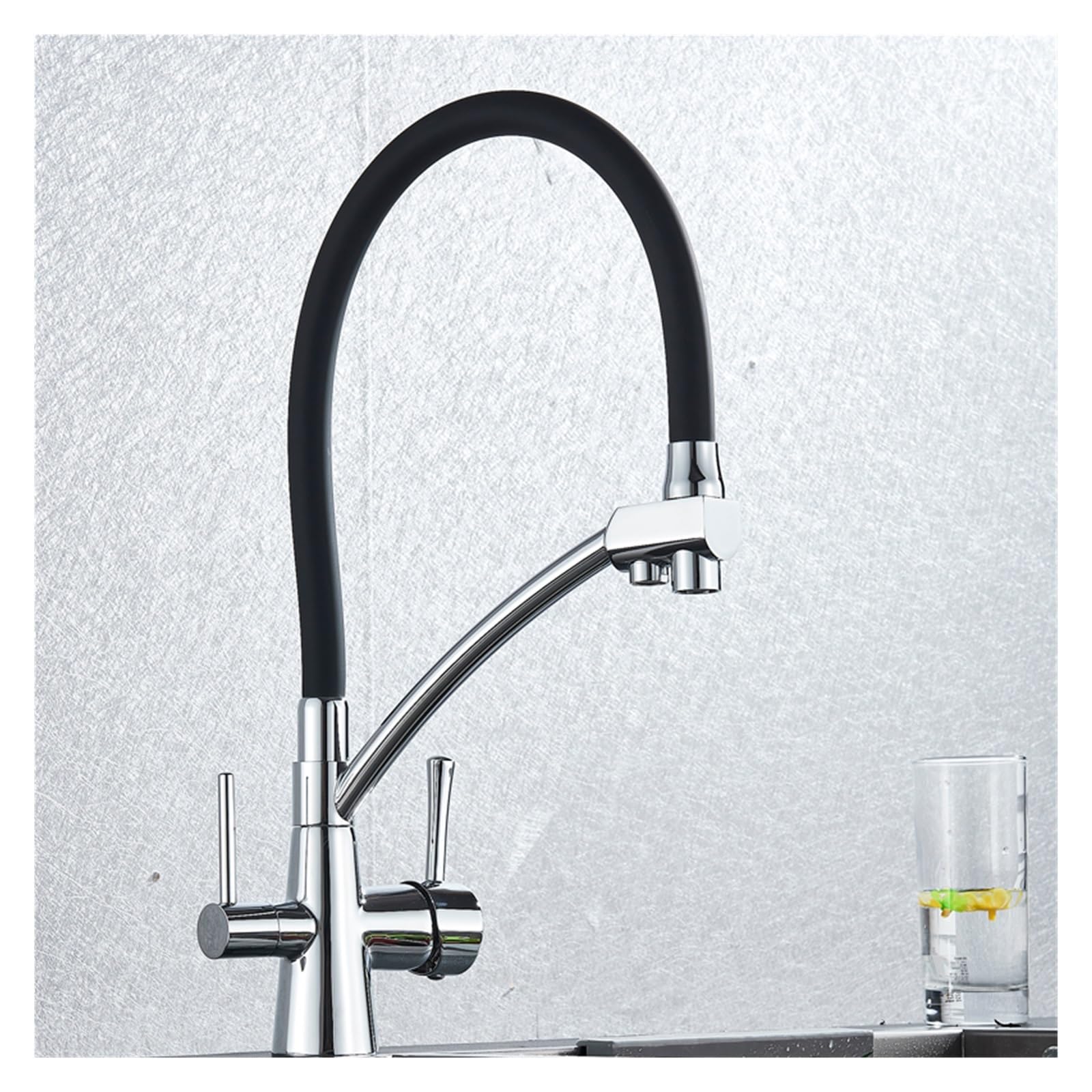 Robinet de filtre à eau pure de cuisine à double poignée et bec rotatif à 360 degrés chrome