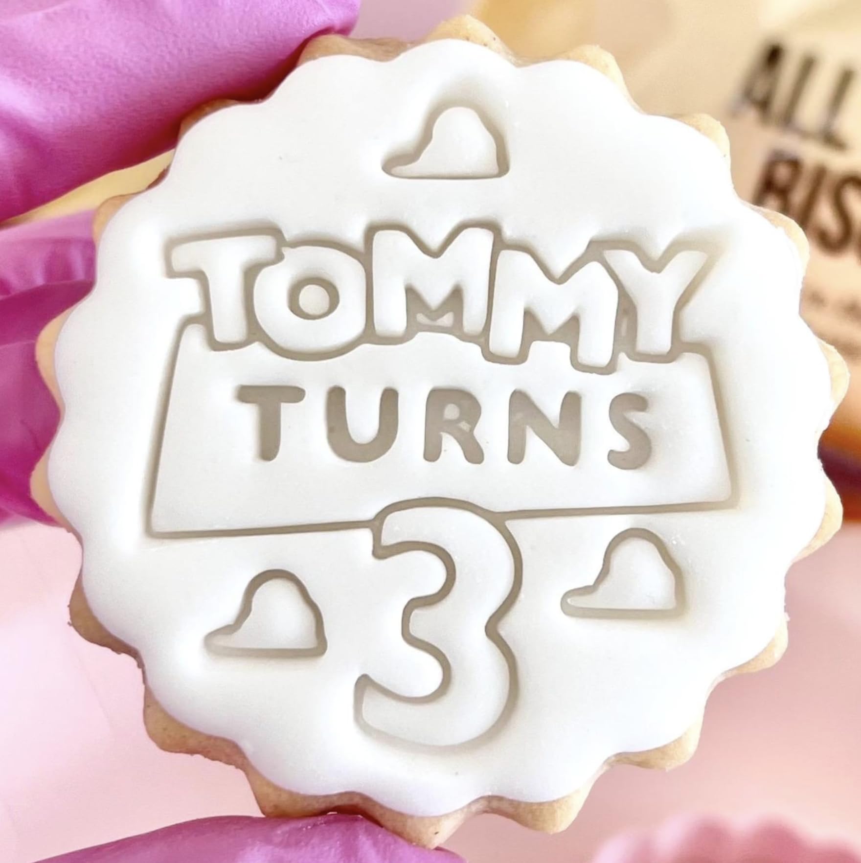 Customised Fondant Stamp Embosser, fits M&S Biscuits Cookies Personalised to Any Name and Age Birthday Toy Story Party Favours Marks and Spencers with Free Cutter