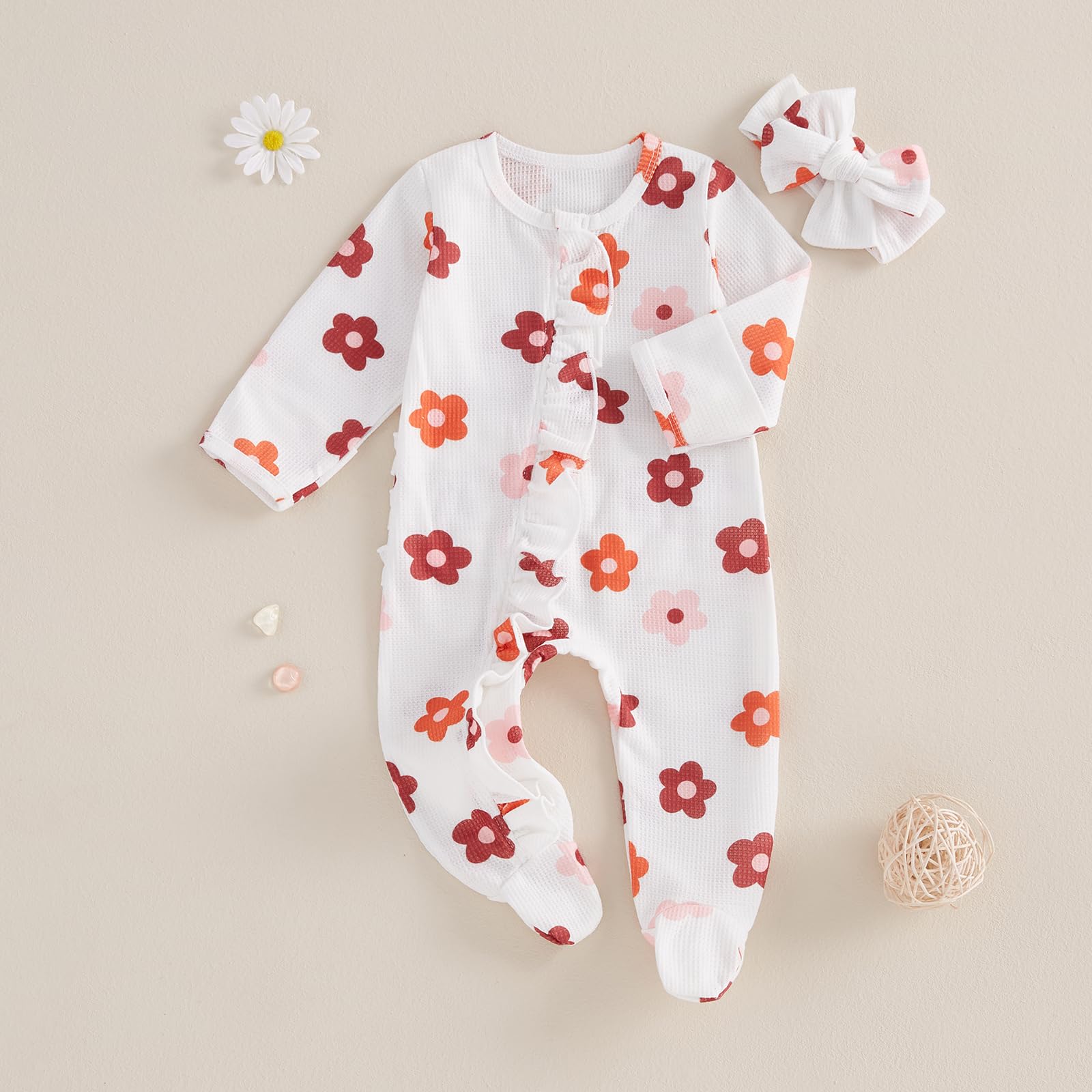 Kutterild Newborn Girl Frills Rompers Crew Neck Long Sleeve Baby Jumpsuits Infant Baby Girl Clothes Bodysuits with Headband (Colorful, 0-3 Months)