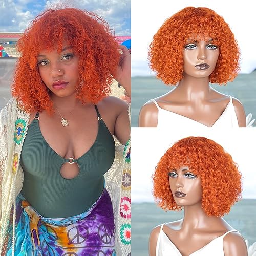 Peluca de cabello humano corto y rizado con flequillo de color naranja jengibre de 10 pulgadas, peluca de cabello humano ondulado estilo Bob para