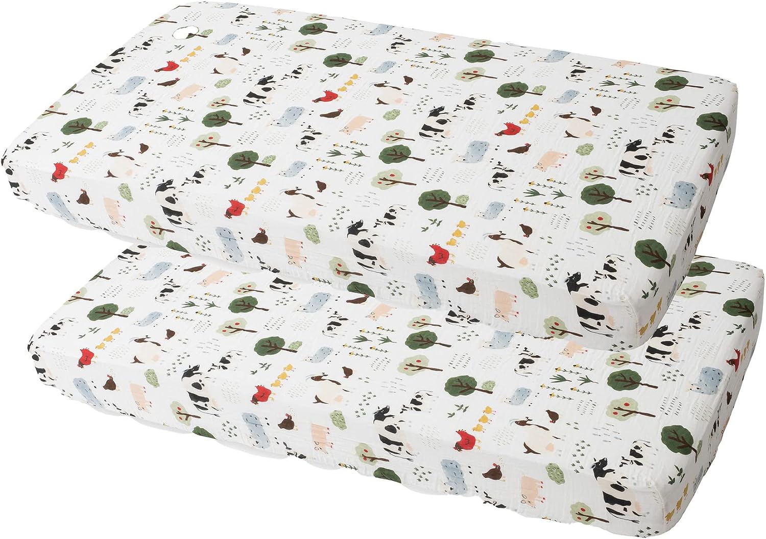 Red Rover Kids All-Cotton Muslin Fitted Crib Sheet- 52”x 28”x 9”- 100% Cotton – Machine Washable – Lightweight & Breathable – Playful Designs – Nursery, Crib, Bed – 2 Pack Family Farm