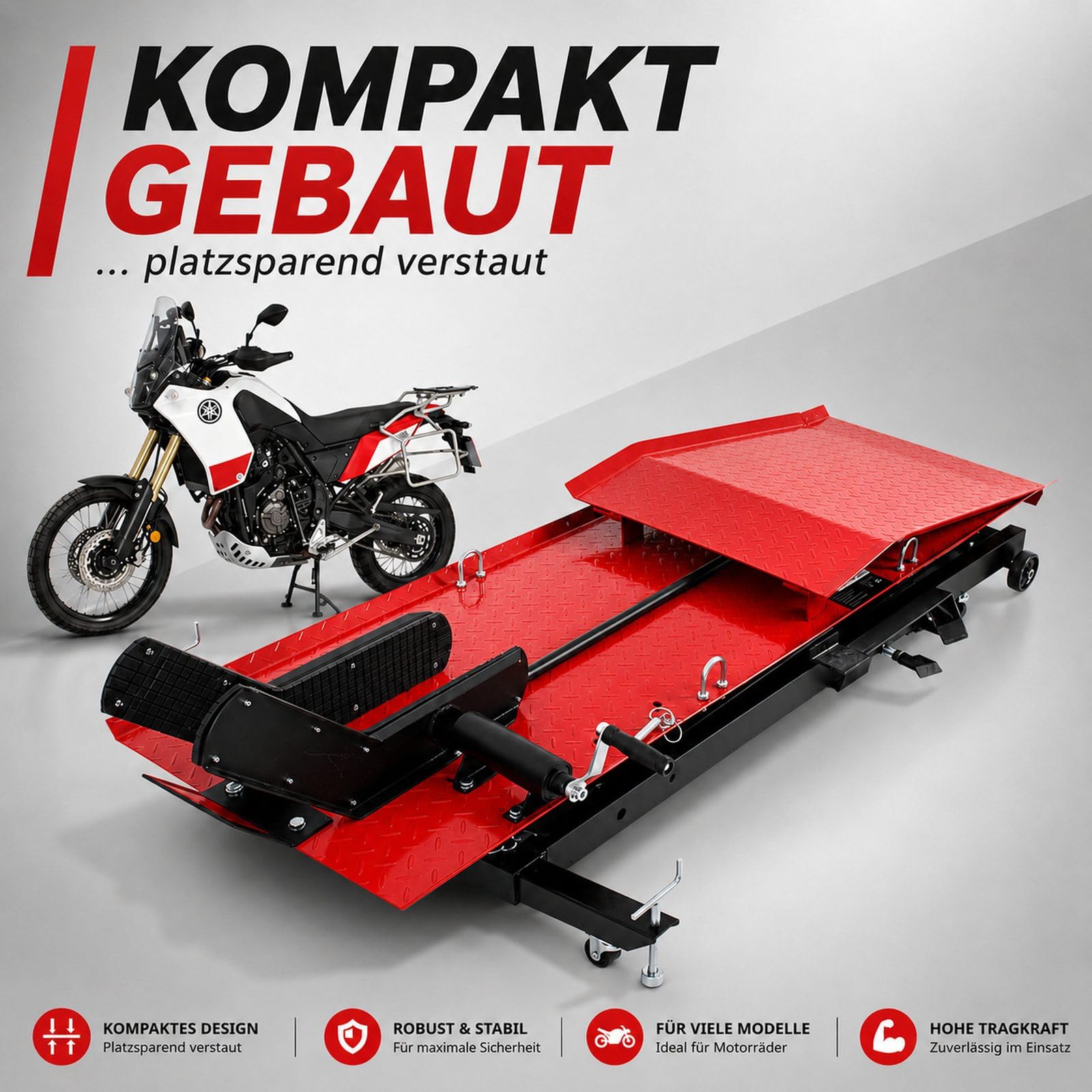 TRUTZHOLM Motorradhebebühne hydraulisch Tragkraft 560 kg Schwerlast Scherenheber Hubbereich 19-84 cm Nutzbreite 60 cm abnehmbare Auffahrrampe 4 Halteösen 45° Vorderradklemmung Hebebühne (Rot)