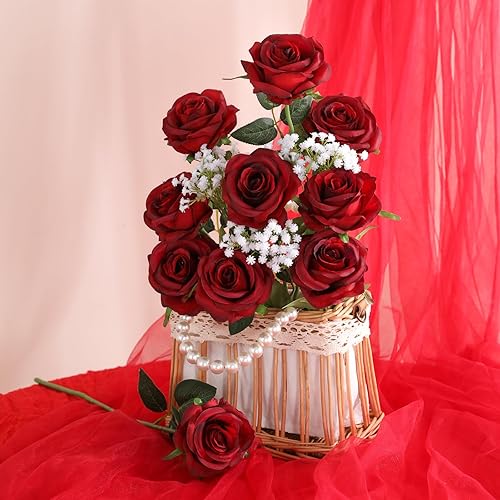 Miniatura 6 de Veryhome Flores artificiales, rosas de seda, ramo de novia de tacto real, para el hogar, jardín, fiesta, decoración floral, 10 unidades (rosa