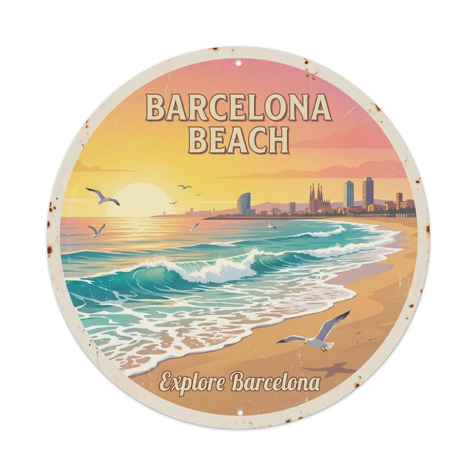 Vintage Travel Barcelona Beach Mediterranean Explore Metal Tin Sign Plaque Wall Decor for Cafe, Club, Garden Round Metal Poster 8x8Inch