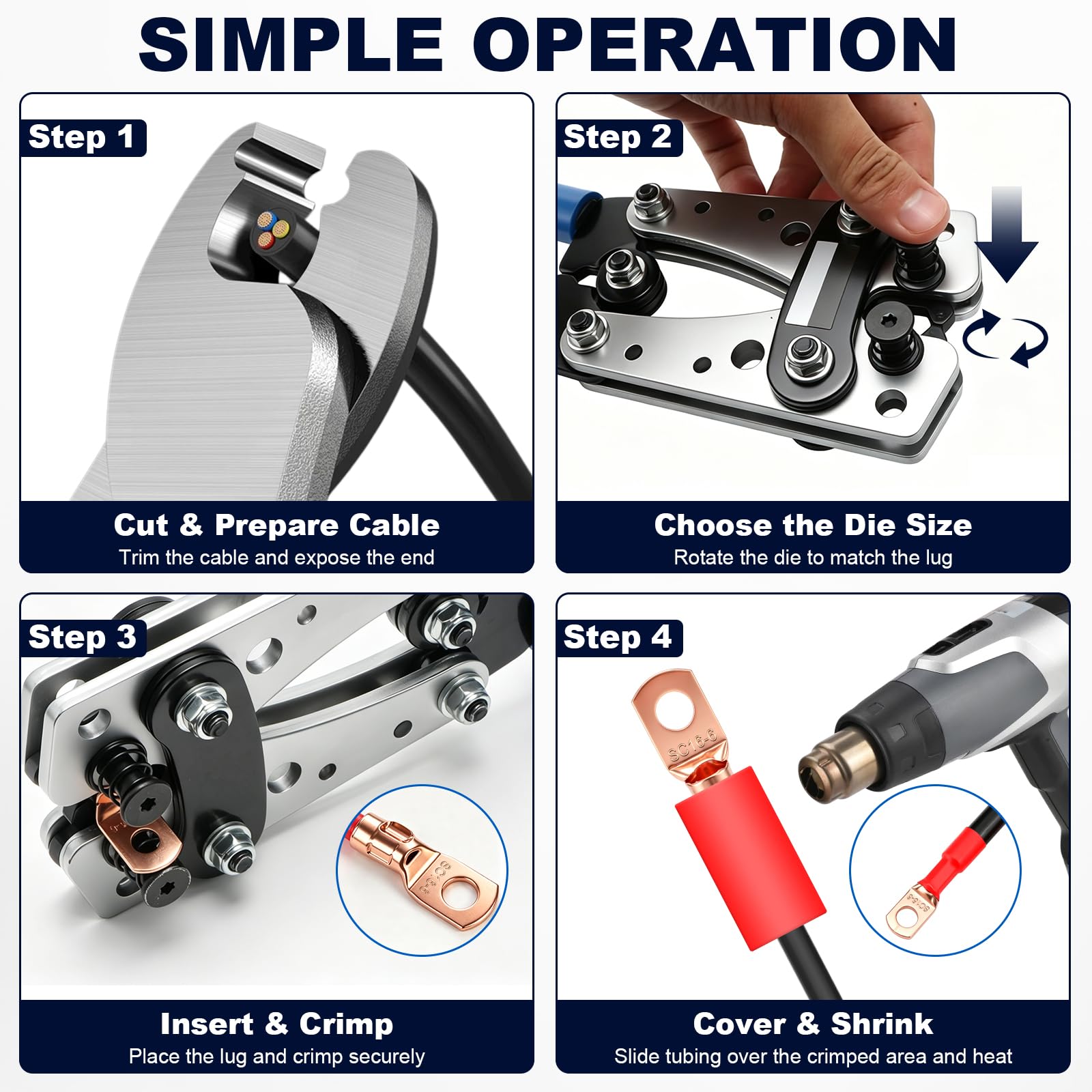 Kit de herramientas de crimpado de terminales de cable de batería, juego de accesorios de 156 piezas con 2 herramientas, crimpadora AWG 10-1/0 con cortador de cable, 76 lengüetas de cobre y 80 tubos
