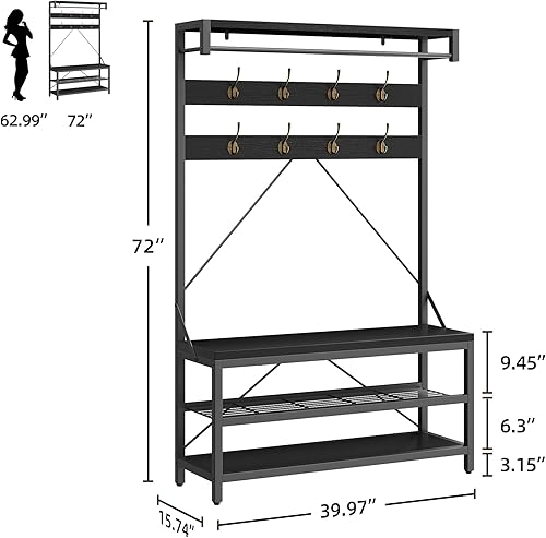 Miniatura 4 de IDEALHOUSE Perchero para zapatos, banco de almacenamiento industrial para entrada, con aspecto de madera, banco grande para zapatos con estante de