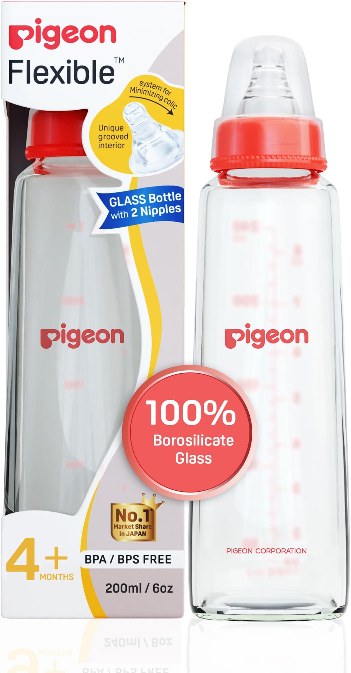 Pigeon Glass Feeding Bottle 200 ML | Japan's No. 1 Brand | Baby Feeding Bottle for New Born | BPA Free | Natural Feeding Bottle | Baby Bottles for Milk