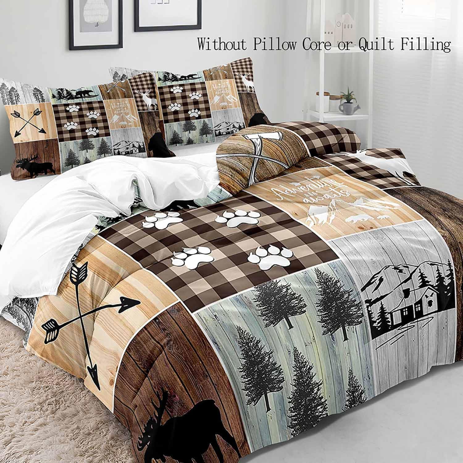 VIVIHOME 3PCS Black Bear Moose Deer Duvet Cover, King Bedding Set, Vintage Brown Plaid Country Farmhouse Rustic Bedding, Forest Animal Wildlife Hunting Cabin Lodge Quilt Comforter Cover, 2 Pillowcases - Image 3