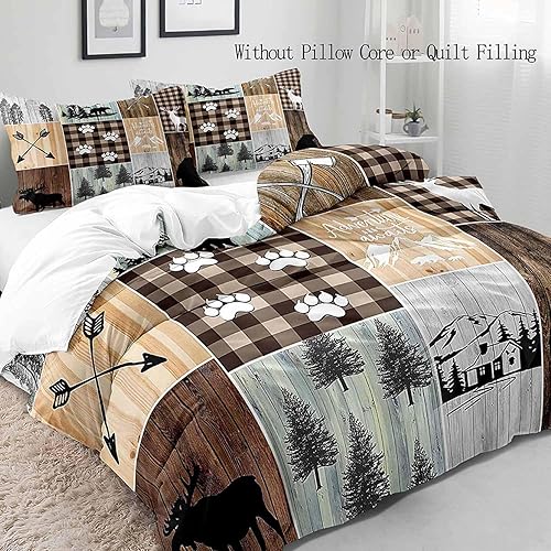 Miniatura 3 de VIVIHOME - Juego de funda de edredón de 3 piezas, oso negro, ciervo, ciervo, juego de ropa de cama King, ropa de cama rústica a cuadros marrón