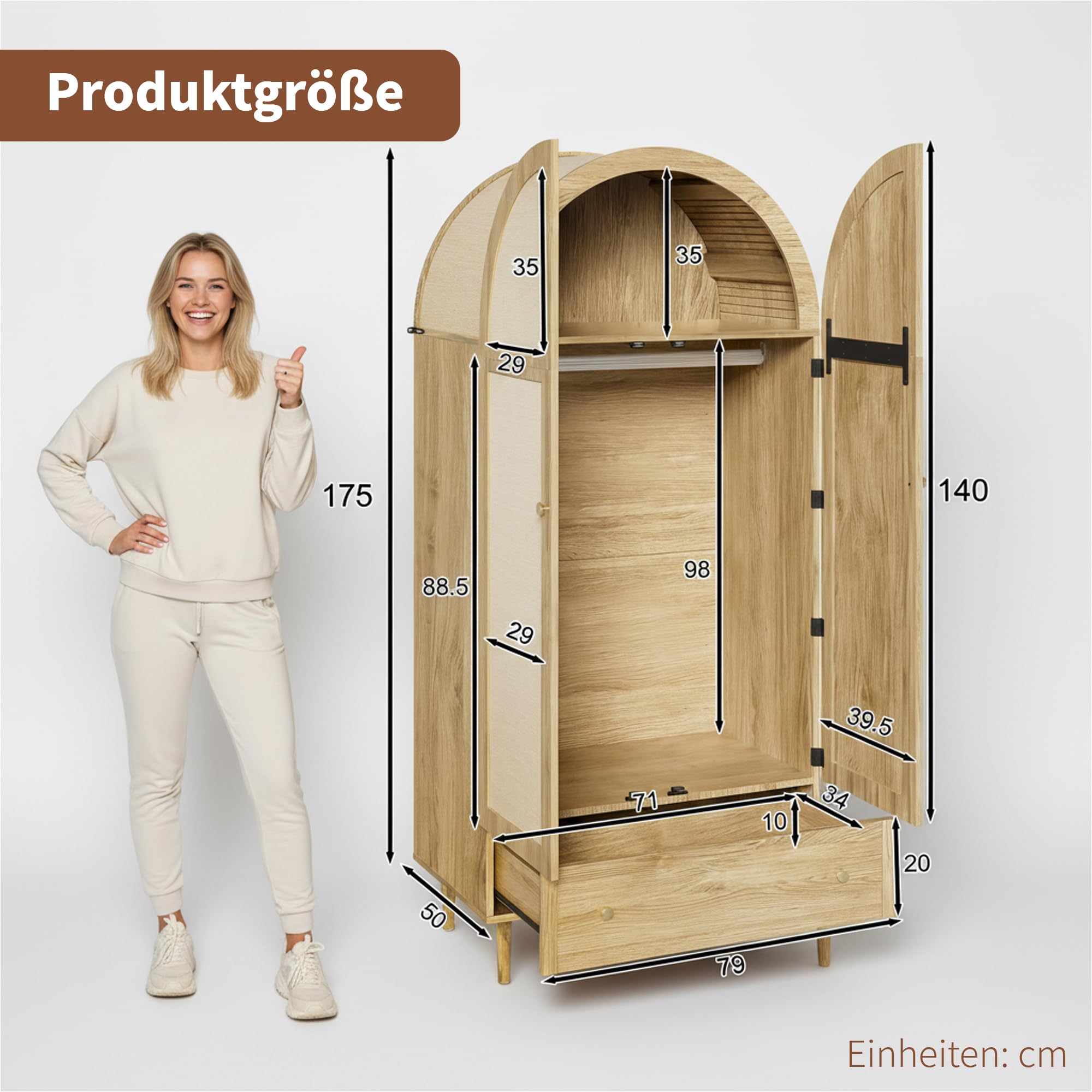 Armoire De Chambre, Armoire en Rotin à 2 Portes avec Grand Tiroir, éTagèRes RéGlables en Hauteur Et Tringle à VêTements, Anti-Basculement 175 X 80 X 50Cm, Chêne
