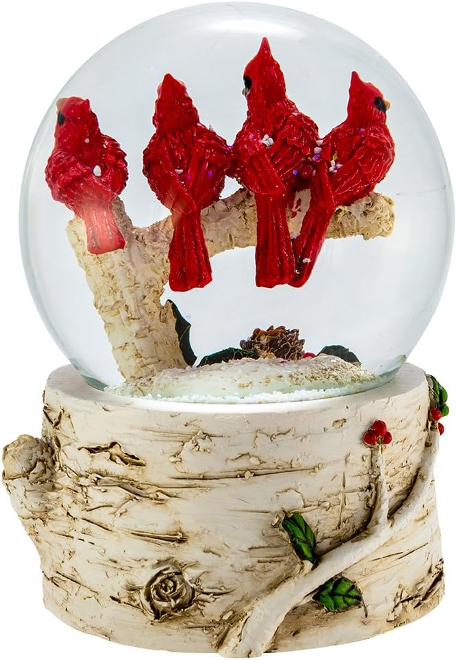 Kurt S. Adler J3261 100mm Wind-Up Musical Cardinals on Holly Tree Branch Water Globe